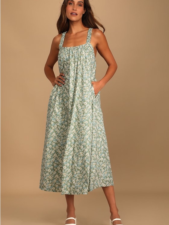 Lulus Among The Meadow Sage Green Floral Print Midi Dress Xs
